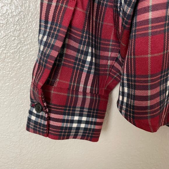 Tuckernuck Top Womens Large Red Eileen Plaid V-Neck Ruffle Button Down Shirt - Picture 8 of 13